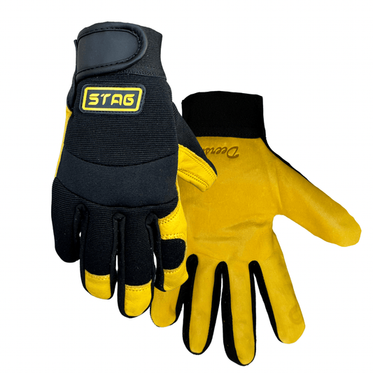 Golden Stag 2150 deerskin work gloves featuring premium soft leather, seamless palm, and Velcro wrist strap for a secure fit and superior dexterity.