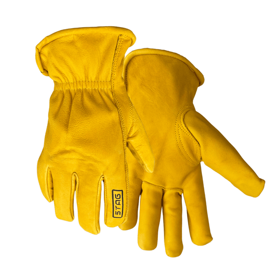 leather work gloves sealmless palm stag logo